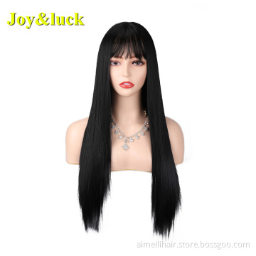 Wholesale Prices Wig For Women Party Or Daily Life High Temperature Long Black Color Natural Straight With Bangs Synthetic Hair